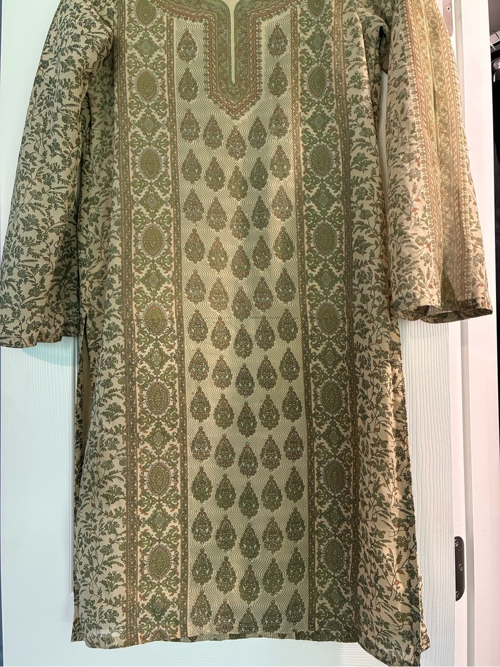 Olive green printed and embroidered long Kurta